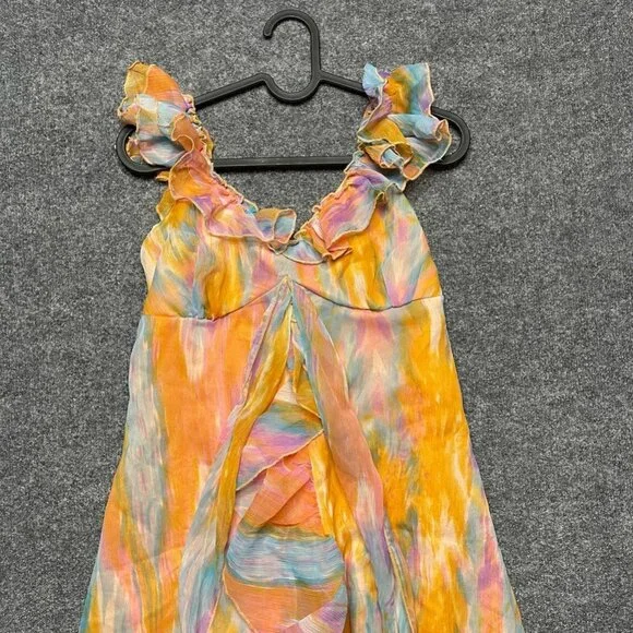 U & Me Womens A Line Dress Orange Abstract Short V Neck Sleeveless Ruffle M - Picture 4 of 7